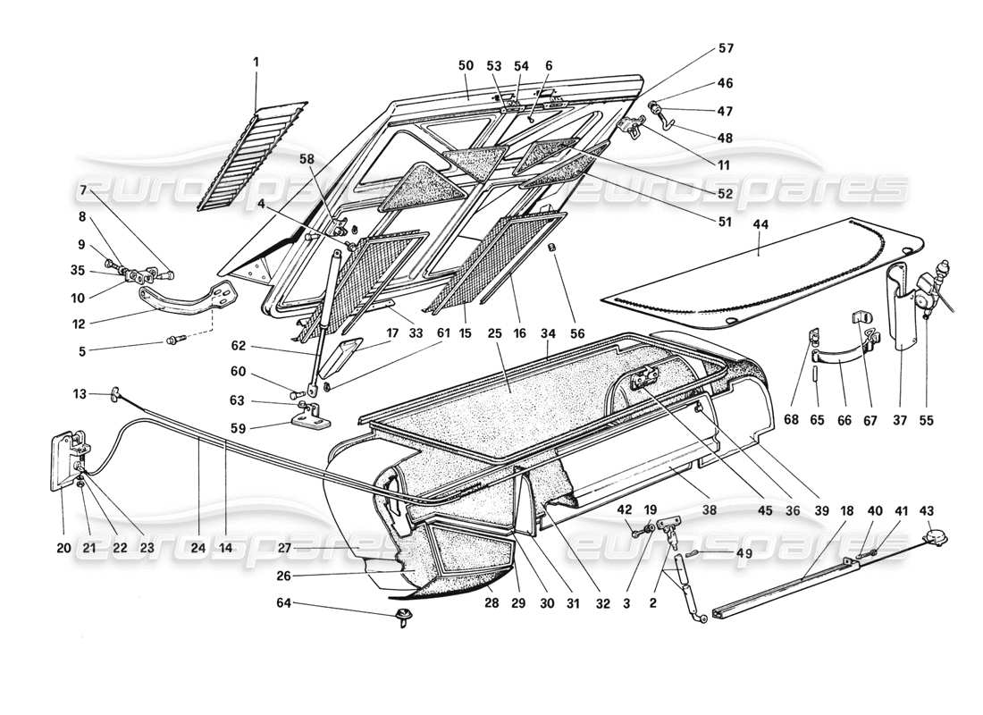 ferrari 308 gtb (1980) schéma des pièces du capot arrière et du revêtement du coffre à bagages (variantes pour les versions rhd - aus)