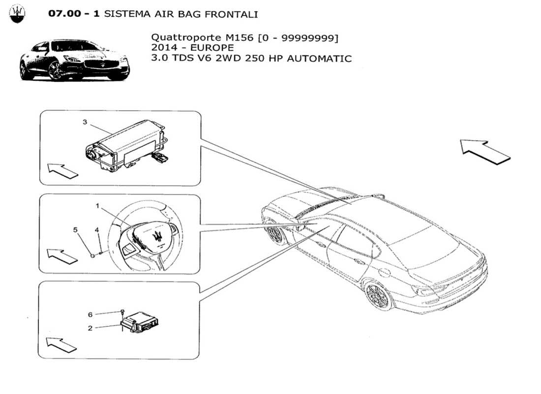 maserati qtp. v6 3.0 tds 250bhp 2014 schéma des pièces du système d'airbag frontal