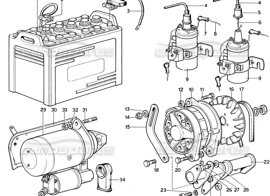 ferrari 365 gtb4 daytona (1969) diagramme des pièces du générateur, des bobines d'accumulateur et du démarreur