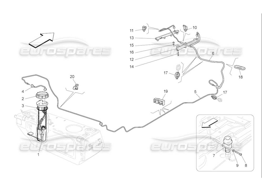 maserati qtp. (2009) 4.7 auto schéma des pièces des pompes à carburant et des conduites de connexion