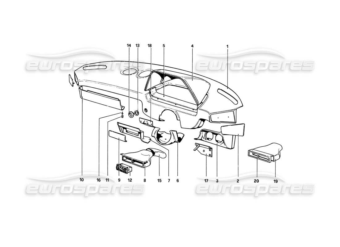 ferrari 308 gtb (1980) tableau de bord (variantes pour versions rhd - aus) schéma des pièces