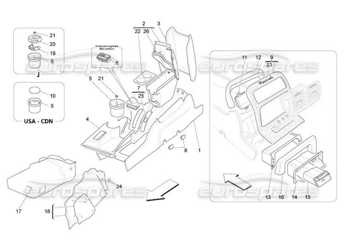 maserati qtp. (2005) 4.2 schéma des pièces de la console d'accessoires et de la console centrale