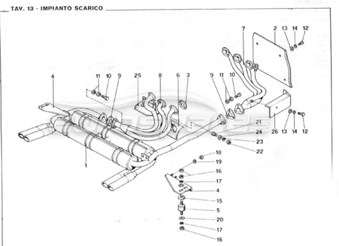 ferrari 246 gt series 1 schéma des pièces d'assemblage des tuyaux d'échappement