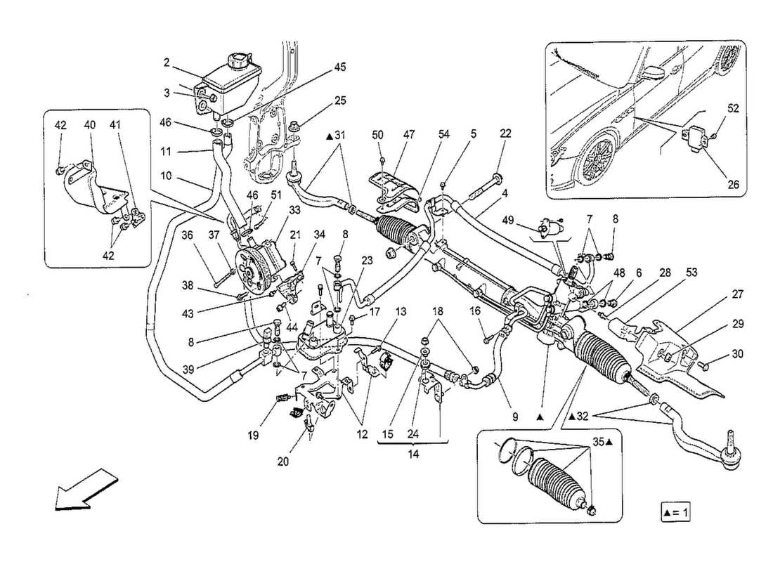 maserati qtp. v8 3.8 530bhp 2014 crémaillère de direction et pompe de direction hydraulique schéma des pièces