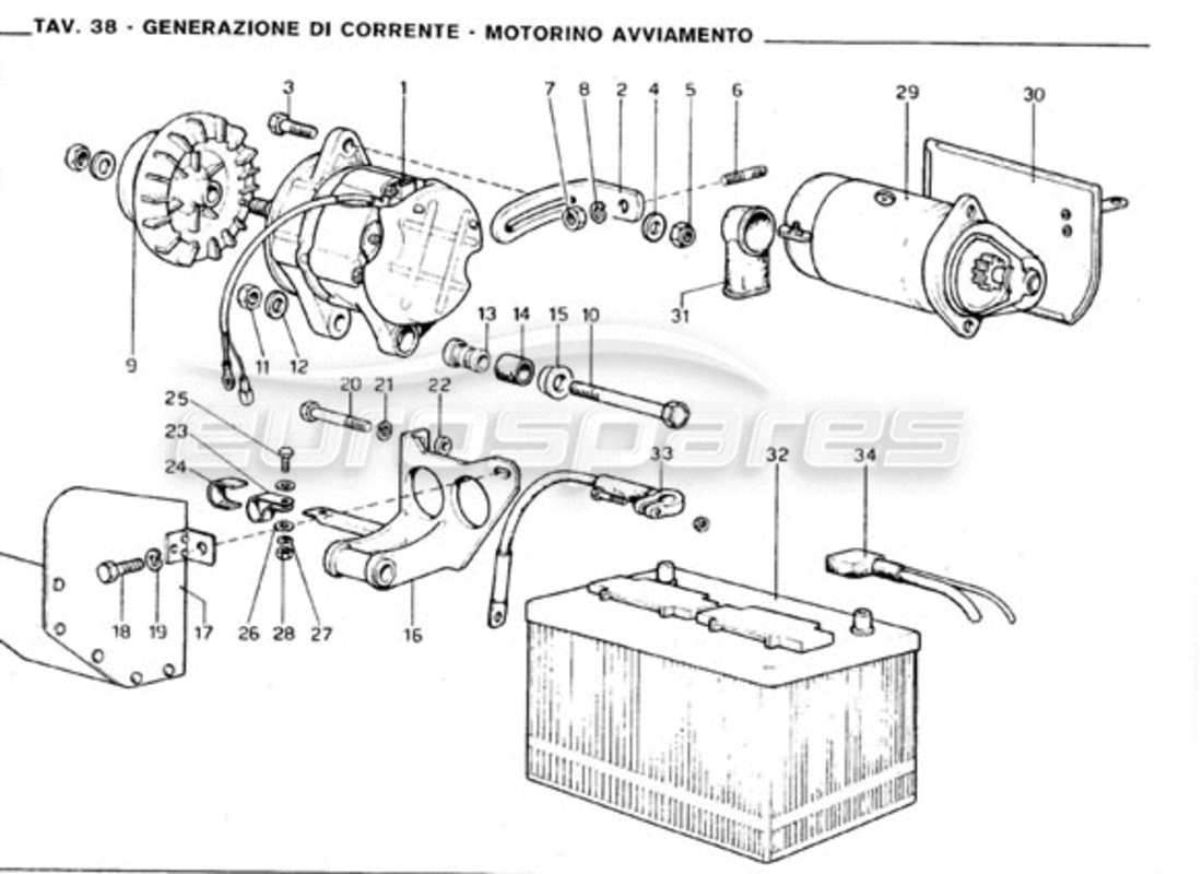 ferrari 246 gt series 1 système de génération de courant - schéma des pièces du démarreur