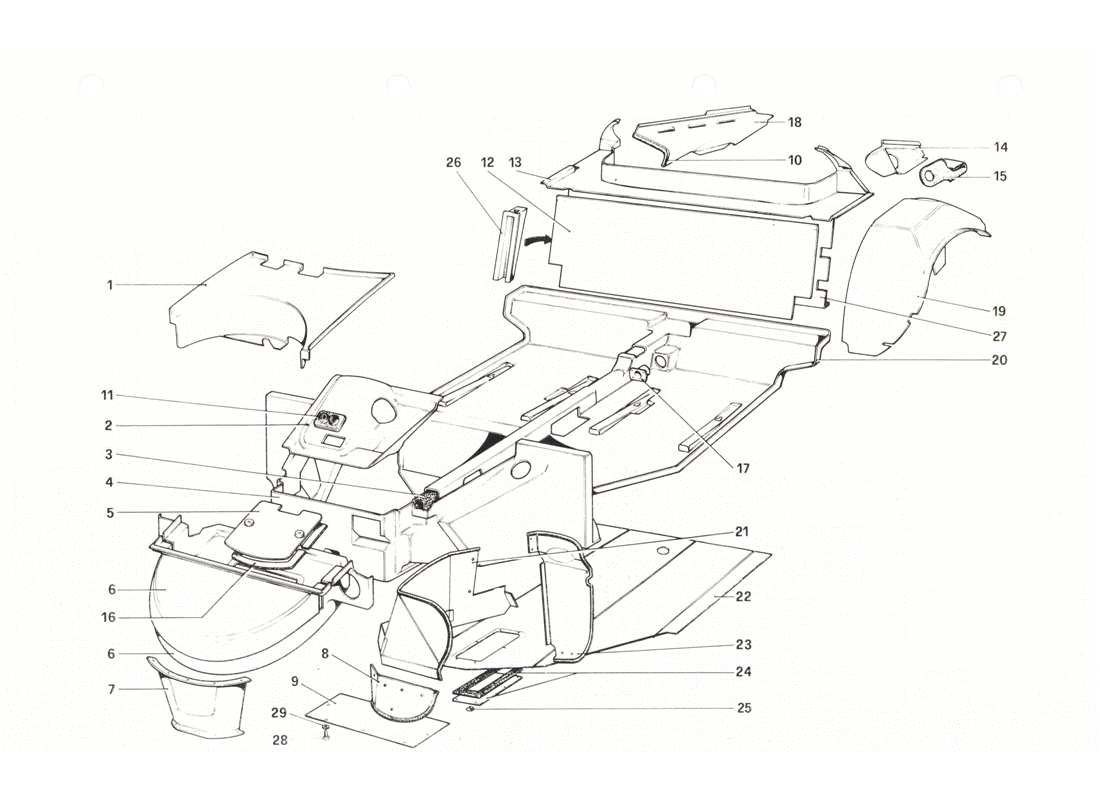 ferrari 208 gtb gts carrosserie - éléments intérieurs schéma des pièces