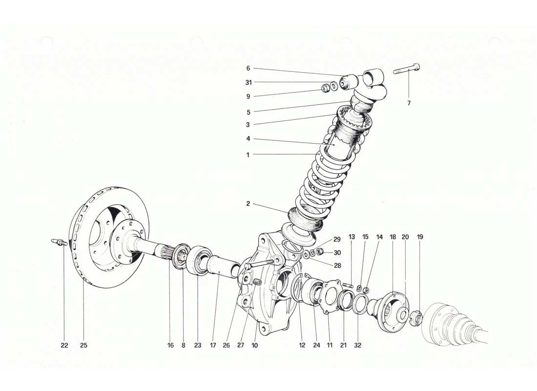 ferrari 208 gtb gts suspension arrière - amortisseur et disque de frein schéma des pièces