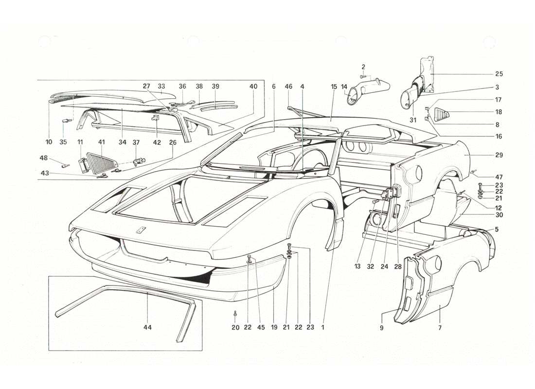 ferrari 208 gtb gts coque de carrosserie - diagramme des pièces des éléments extérieurs