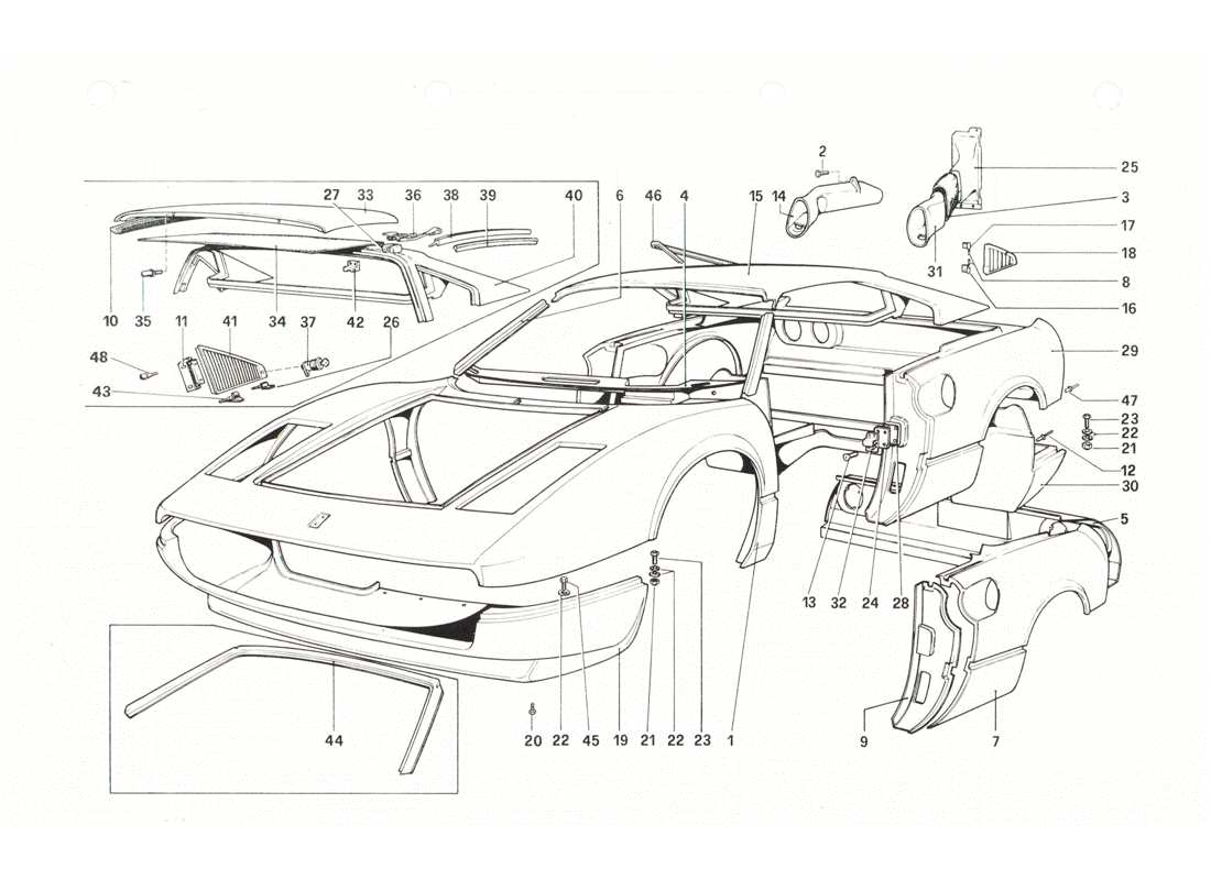 ferrari 208 gtb gts carrosserie - éléments extérieurs schéma des pièces