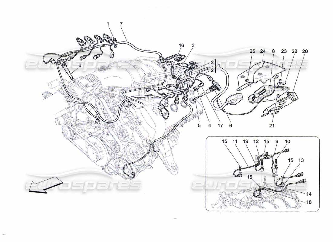 maserati qtp. (2010) 4.7 commande électronique : diagramme des pièces de commande d'injection et de synchronisation du moteur