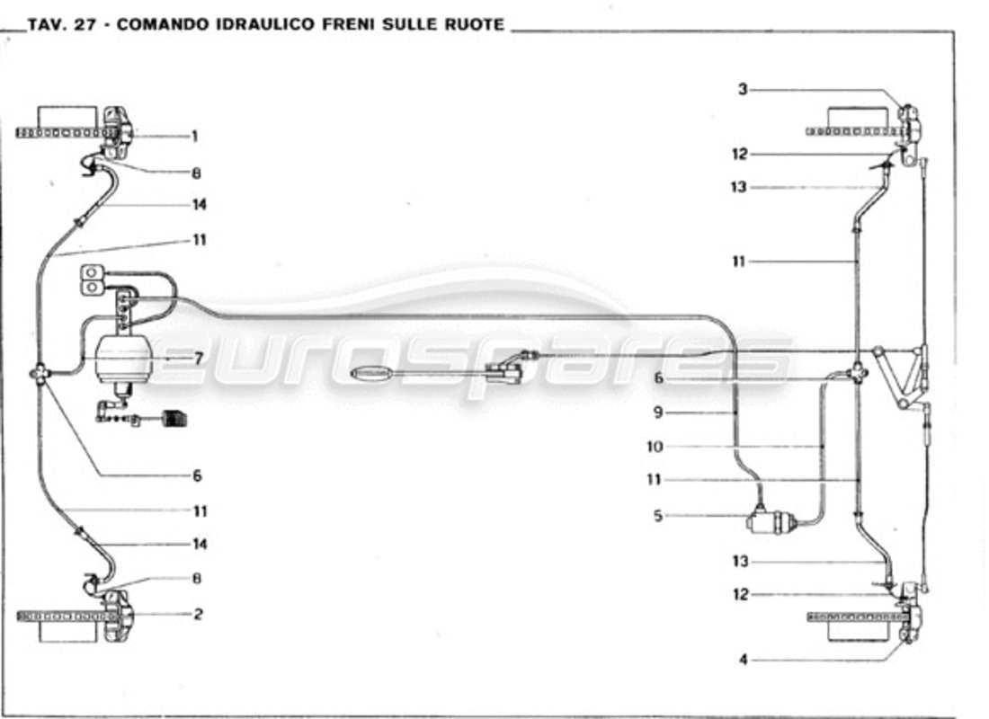 ferrari 246 gt series 1 schéma des pièces du système hydraulique de freinage sur roues