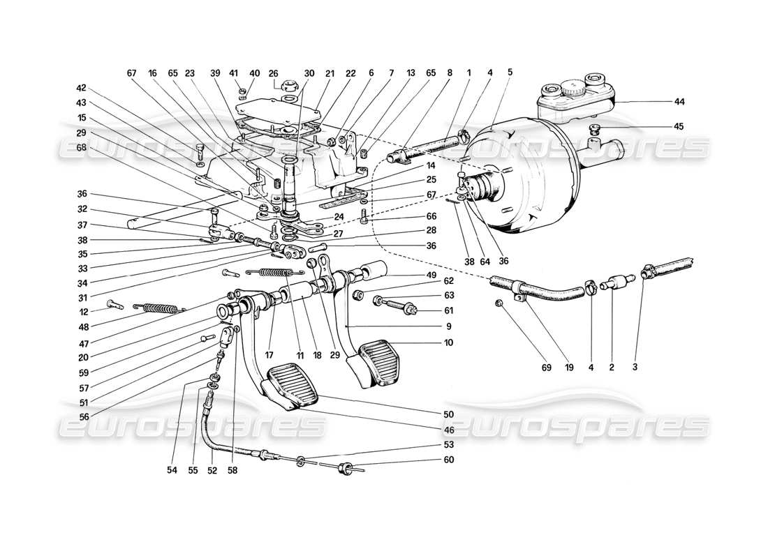 ferrari 308 (1981) gtbi/gtsi tableau de pédales - schéma des pièces des commandes de frein et d'embrayage