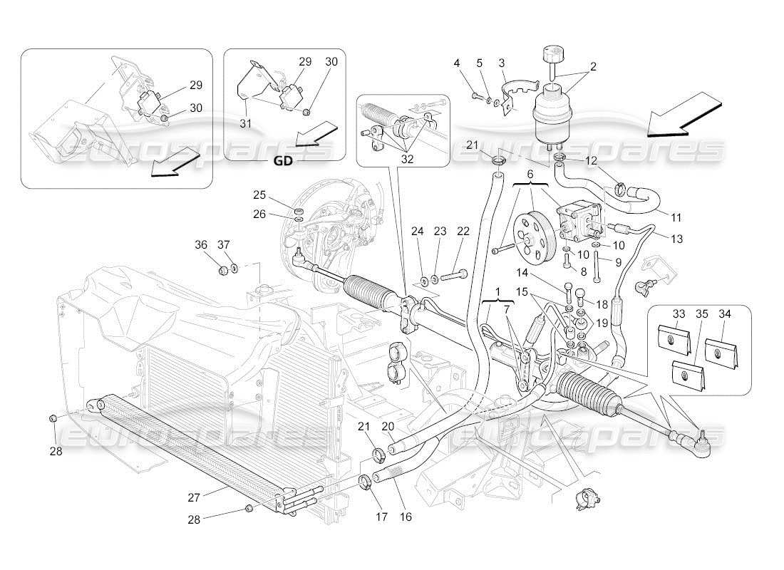 maserati qtp. (2011) 4.7 auto schéma des pièces du boîtier de direction et de la pompe de direction hydraulique