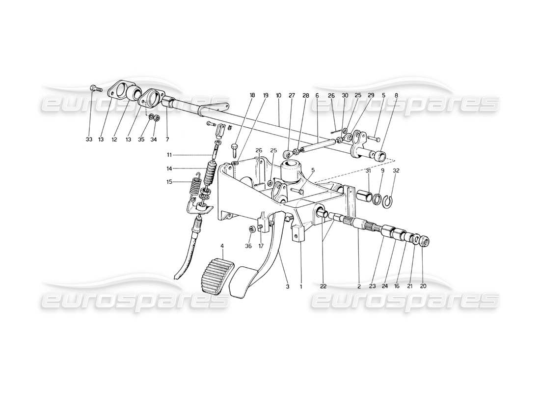 ferrari 246 dino (1975) tableau de pédales - commande d'embrayage (variantes pour versions rhd) schéma des pièces