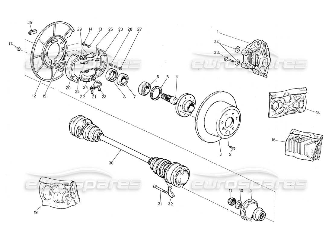 maserati 228 moyeux, freins arrière et arbres de transmission schéma des pièces