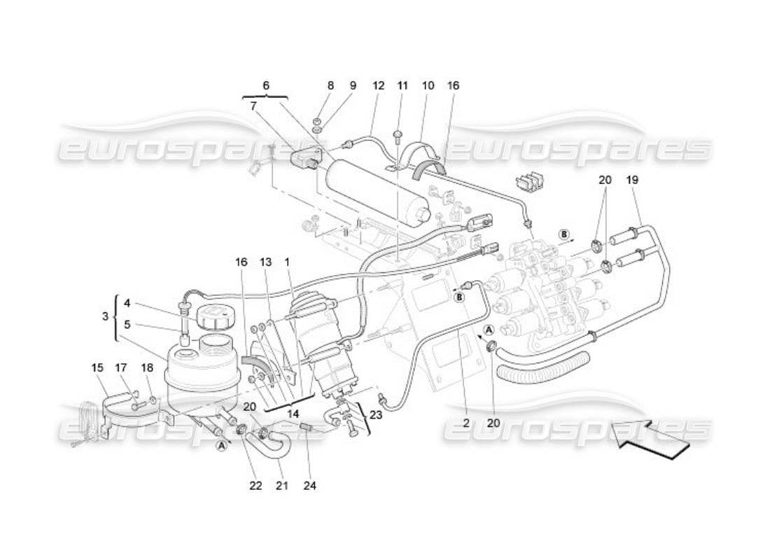 maserati qtp. (2005) 4.2 système hydraulique d’activation de la boîte de vitesses : diagramme des pièces du réservoir et de la pompe