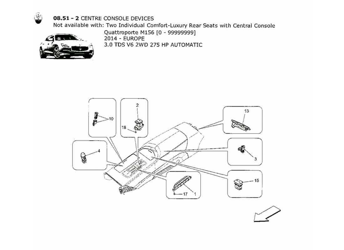 maserati qtp. v6 3.0 tds 275bhp 2014 schéma des pièces des appareils de la console centrale