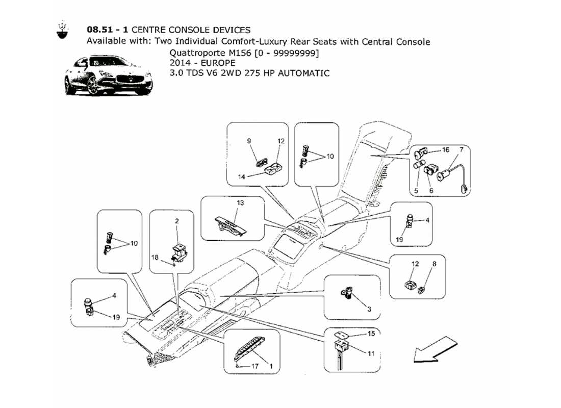 maserati qtp. v6 3.0 tds 275bhp 2014 schéma des pièces des appareils de la console centrale