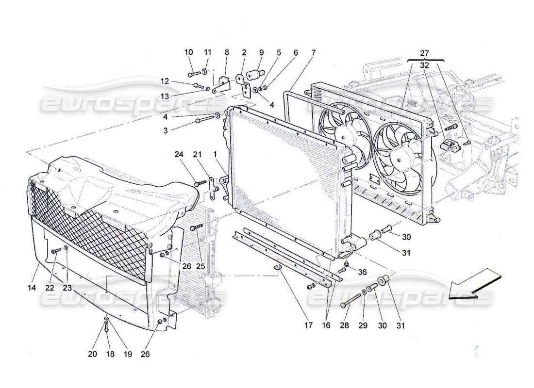 maserati qtp. (2010) 4.2 refroidissement : diagramme de pièces des radiateurs et des conduits d'air