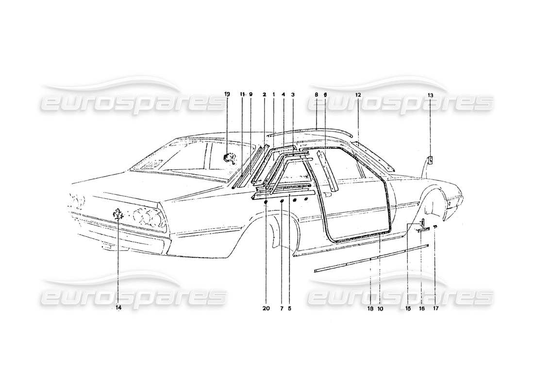 ferrari 365 gt4 2+2 coachwork schéma des pièces des garnitures et finitions externes