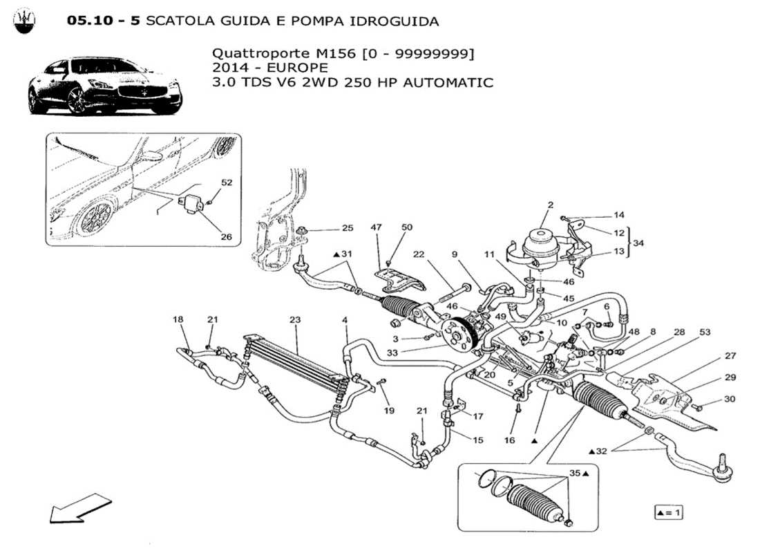 maserati qtp. v6 3.0 tds 250bhp 2014 crémaillère de direction et pompe de direction hydraulique schéma des pièces