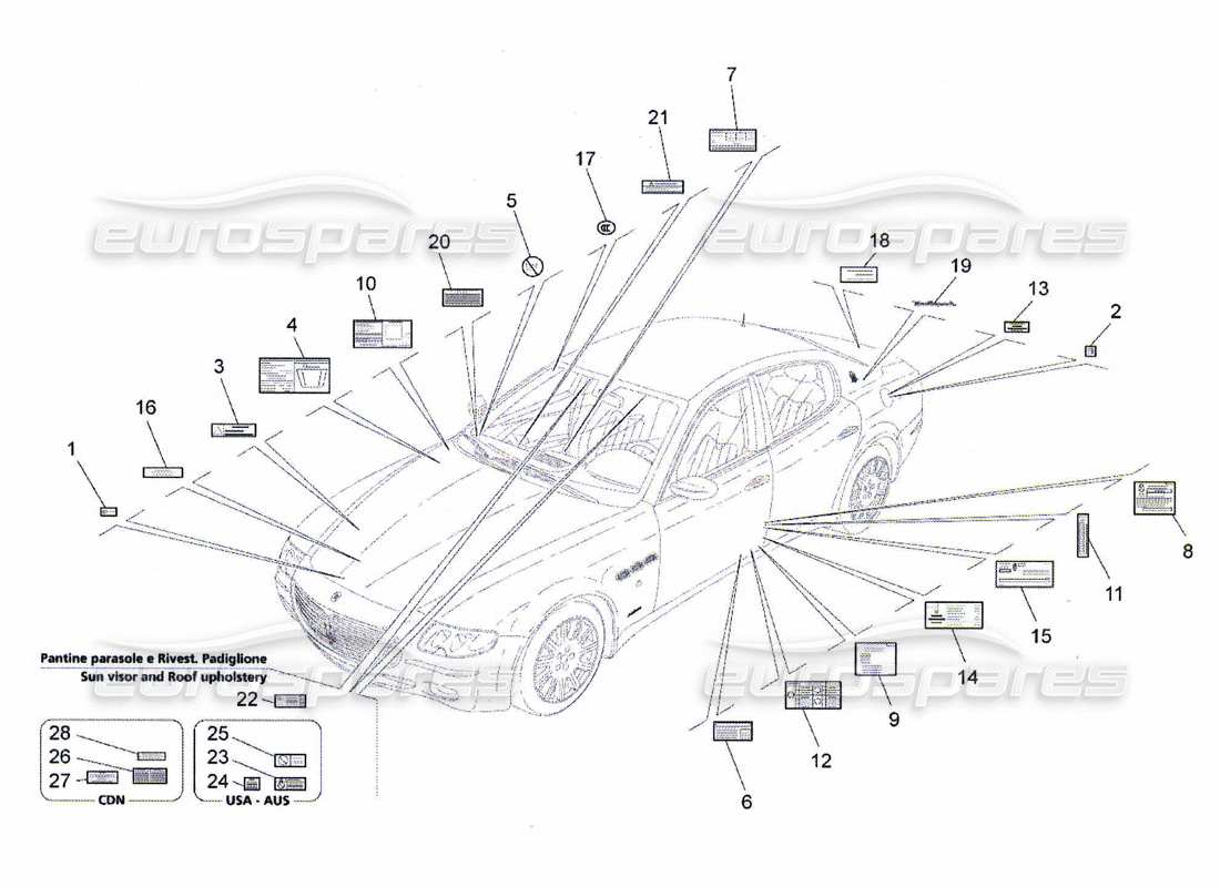 maserati qtp. (2010) 4.7 diagramme de pièces d'autocollants et d'étiquettes