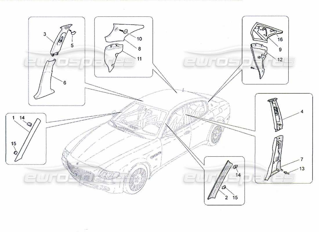 maserati qtp. (2010) 4.7 schéma des pièces des panneaux de garniture et des panneaux latéraux de l'habitacle b