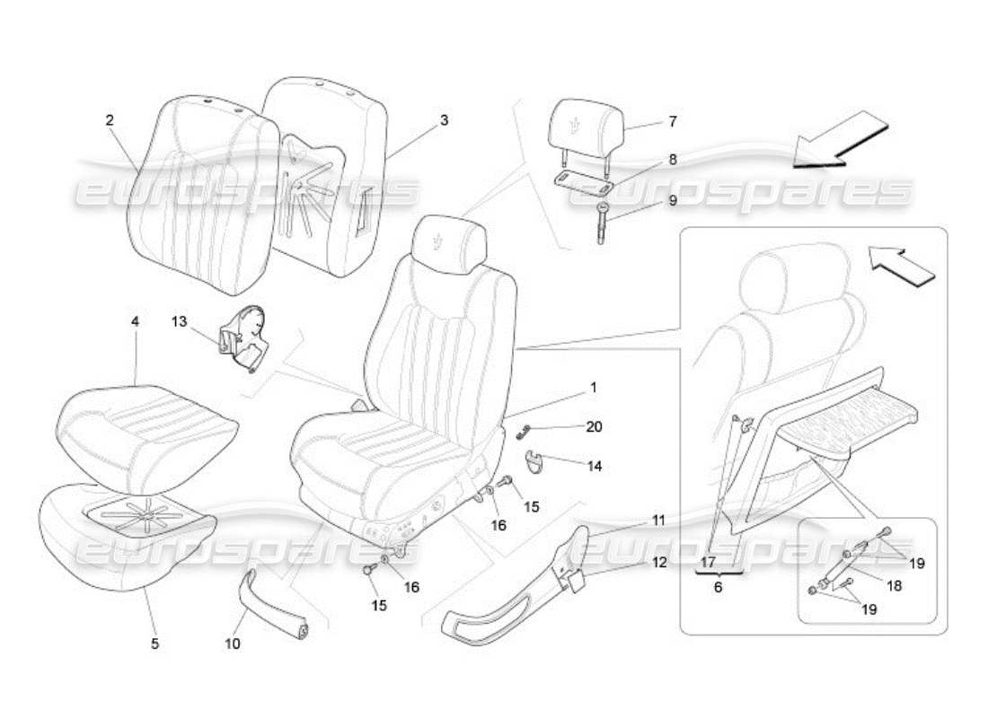 maserati qtp. (2005) 4.2 sièges avant : diagramme de pièces des panneaux de garniture