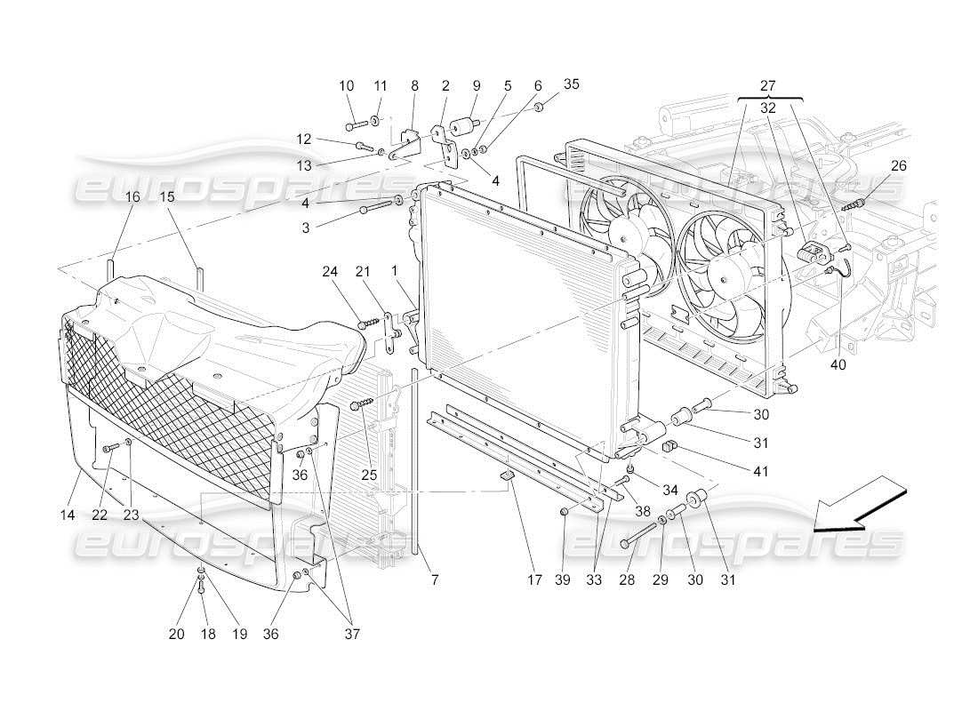 maserati qtp. (2011) 4.2 auto refroidissement : diagramme de pièces des radiateurs et des conduits d'air