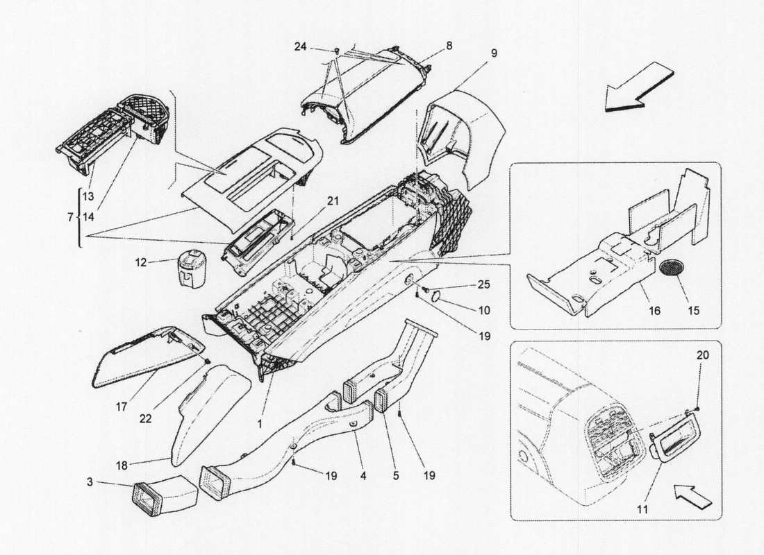 maserati qtp. v6 3.0 bt 410bhp 2wd 2017 schéma des pièces de la console d'accessoires et de la console centrale