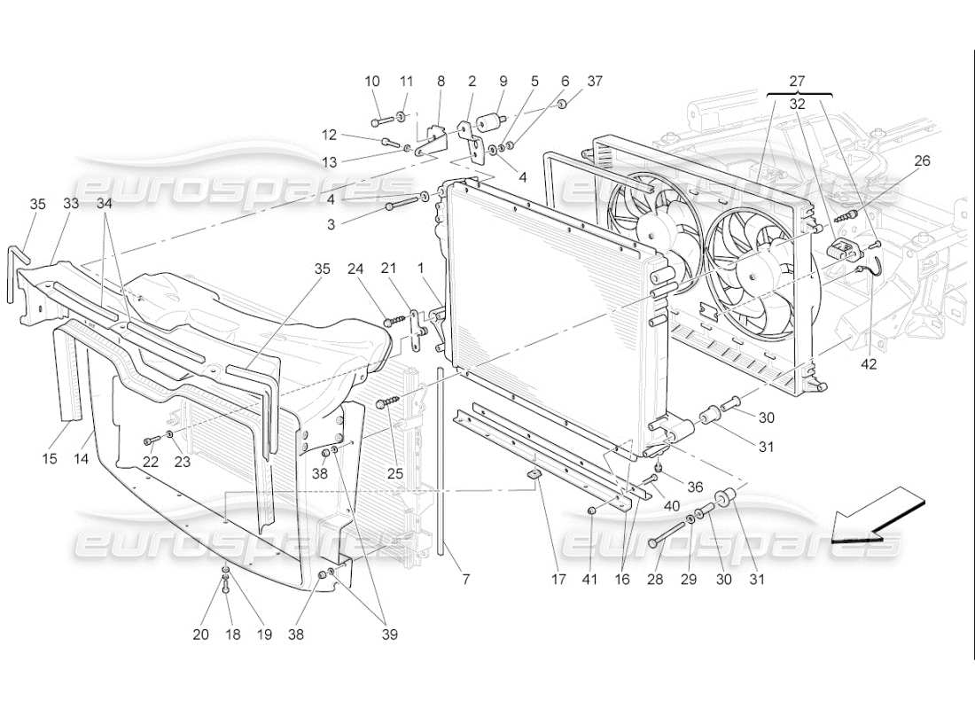 maserati qtp. (2008) 4.2 auto refroidissement : diagramme de pièces des radiateurs et des conduits d'air