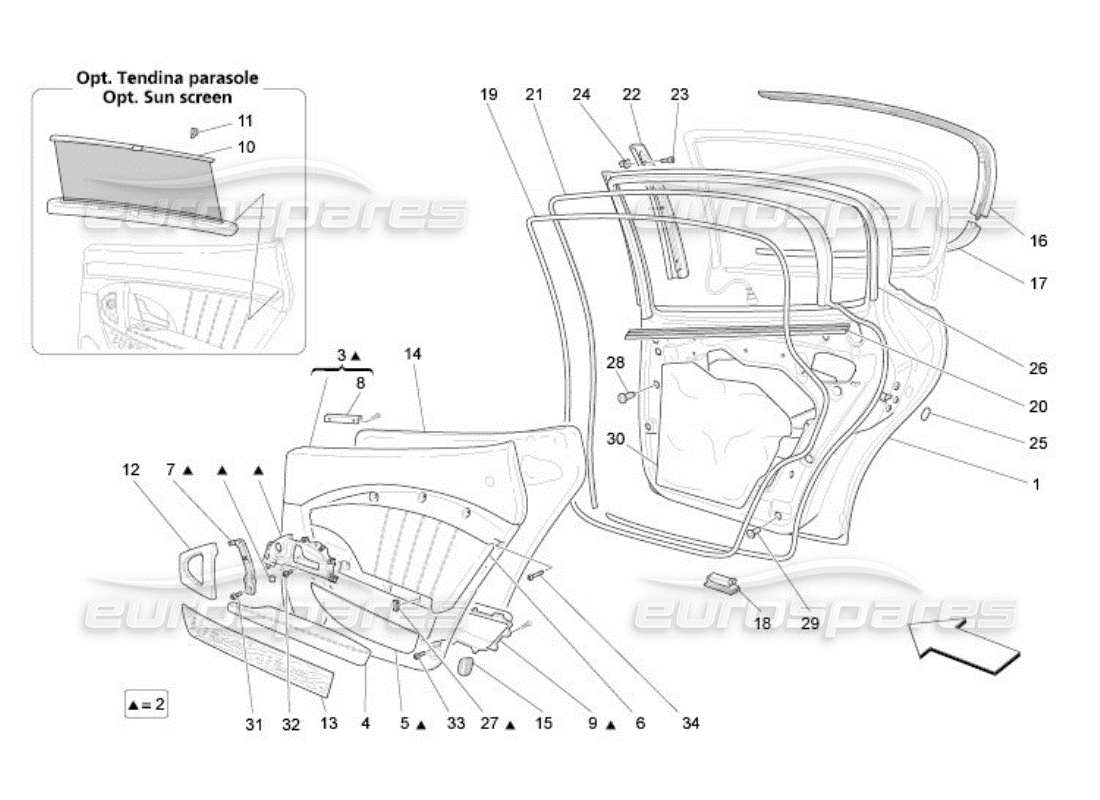 maserati qtp. (2005) 4.2 portes arrière : diagramme de pièces des panneaux de garniture