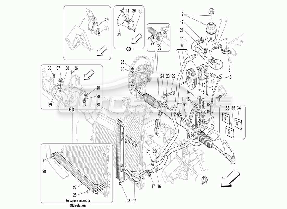 maserati qtp. (2007) 4.2 auto schéma des pièces du boîtier de direction et de la pompe de direction hydraulique