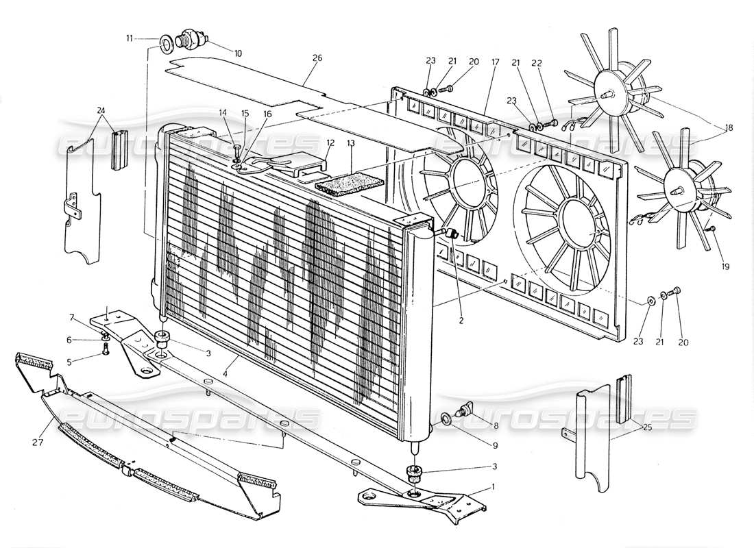 maserati 228 schéma des pièces du radiateur et des ventilateurs de refroidissement