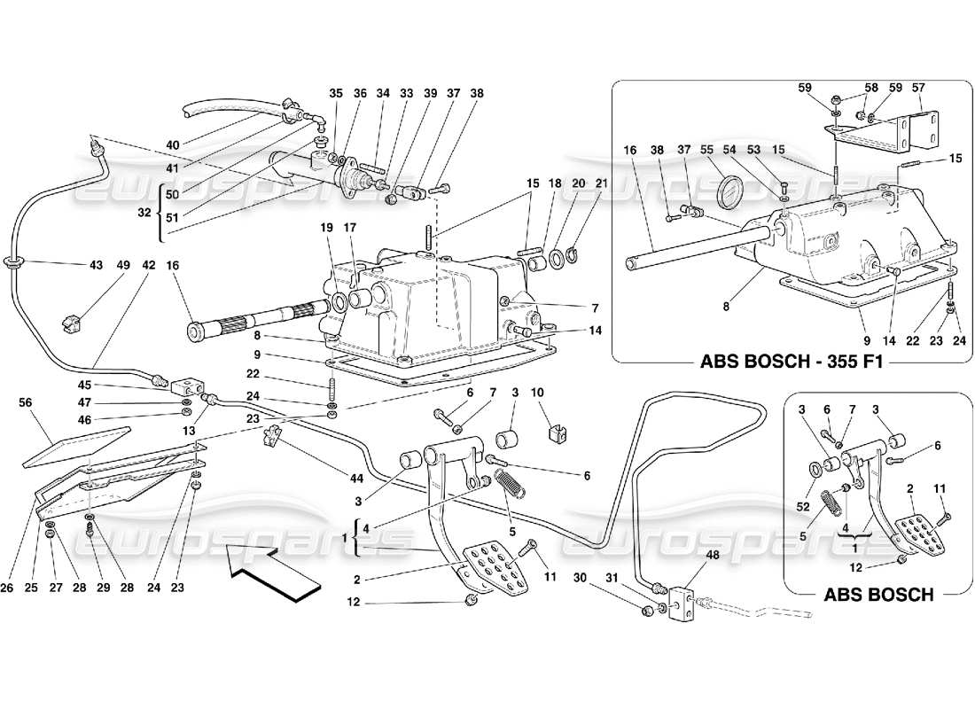 ferrari 355 (5.2 motronic) schéma des pièces de la commande de débrayage et du support de pédale