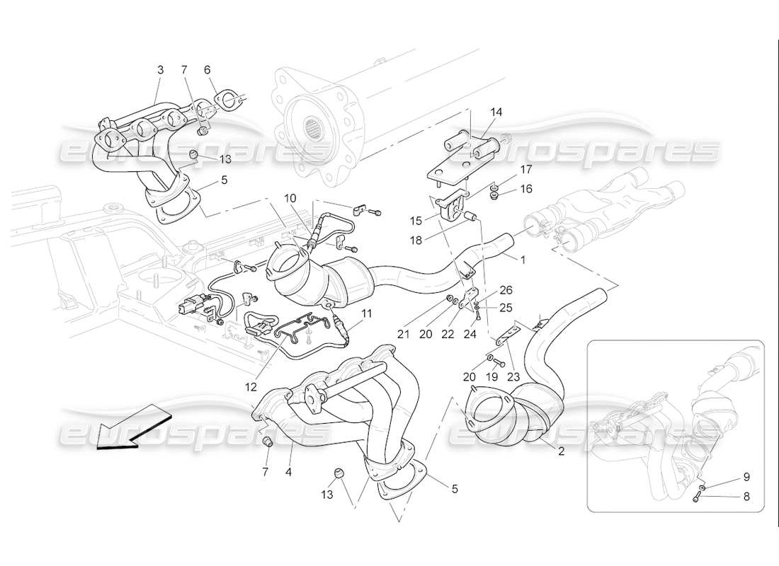 maserati qtp. (2006) 4.2 f1 diagramme des pièces des convertisseurs pré-catalytiques et des convertisseurs catalytiques