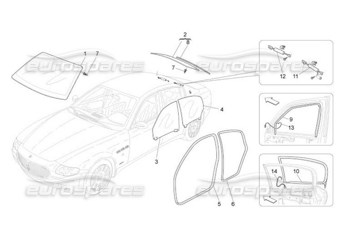 maserati qtp. (2005) 4.2 diagramme de pièces de fenêtres et de bandes de fenêtre