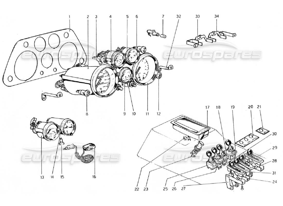ferrari 308 gtb (1976) instruments et accessoires (valable pour les versions rhd - aus) schéma des pièces