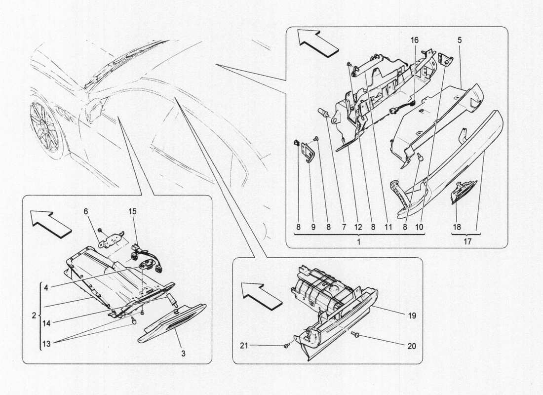 maserati qtp. v6 3.0 bt 410bhp 2wd 2017 diagramme des pièces des boîtes à gants
