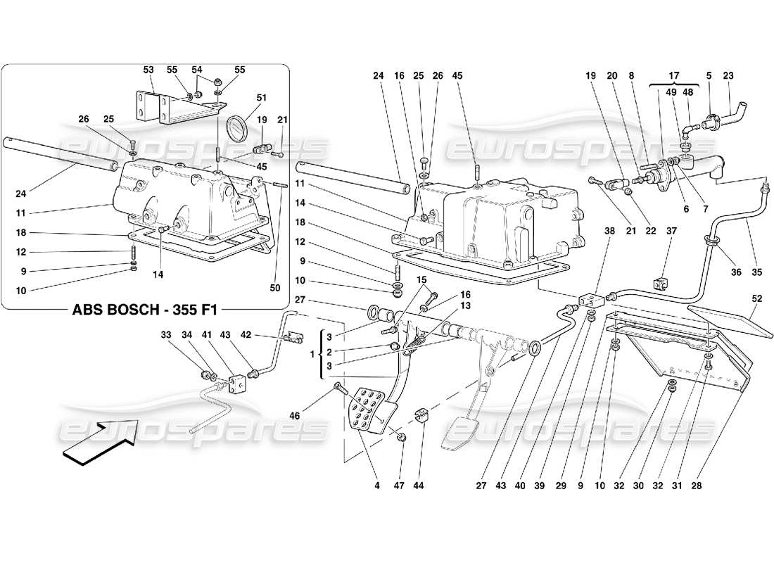 ferrari 355 (5.2 motronic) commande de débrayage et support de pédale schéma des pièces