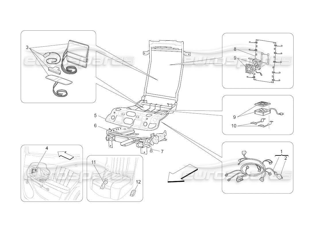 maserati qtp. (2011) 4.7 auto sièges arrière : schéma des pièces mécaniques et électroniques