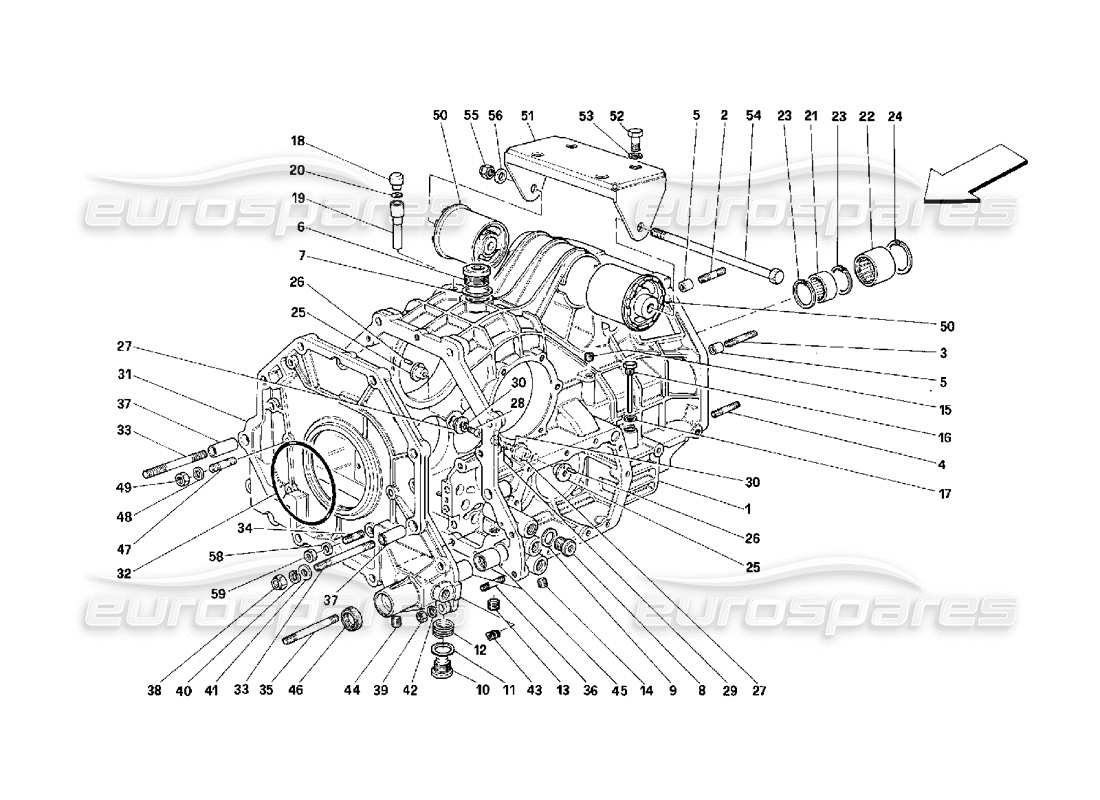 ferrari 348 (2.7 motronic) schéma des pièces du boîtier de différentiel de boîte de vitesses et du boîtier intermédiaire