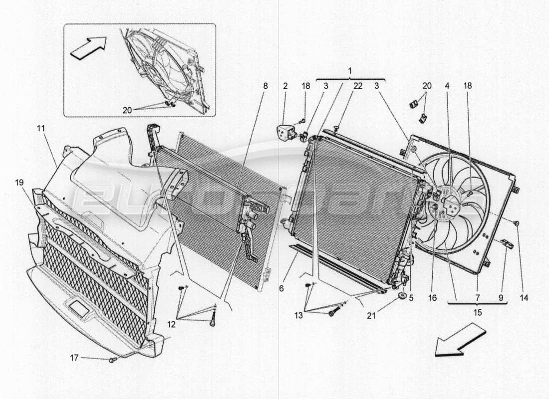 maserati qtp. v8 3.8 530bhp 2014 auto refroidissement : diagramme de pièces des radiateurs et des conduits d'air