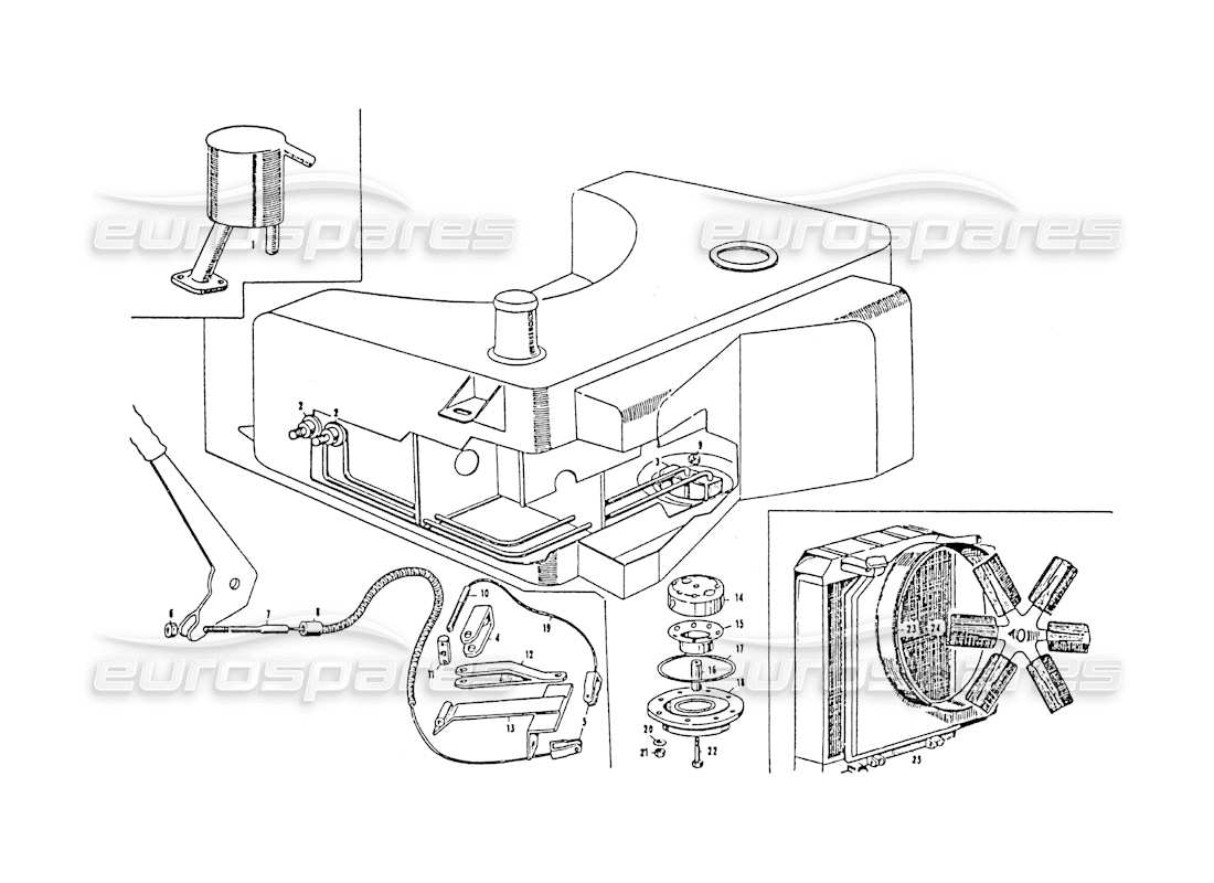 maserati 3500 gt réservoir de carburant, frein à main, radiateur à eau schéma des pièces