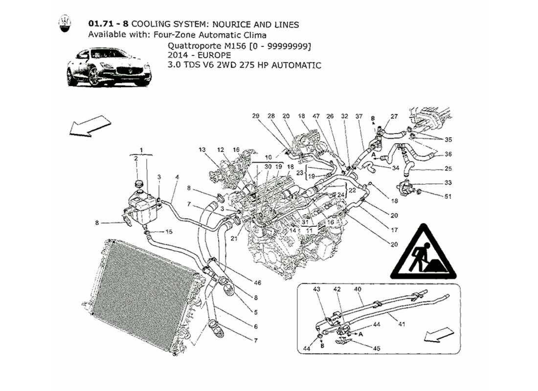 maserati qtp. v6 3.0 tds 275bhp 2014 système de refroidissement : diagramme de pièces nourice et lignes