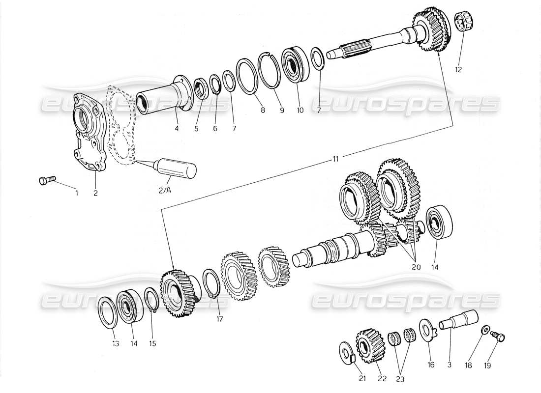 maserati 228 transmission – schéma des pièces de l'arbre intermédiaire et de l'entraînement direct