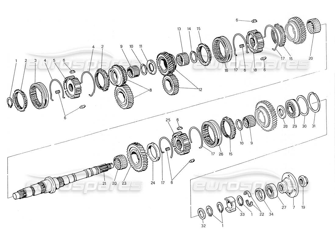 maserati 228 transmission - schéma des pièces de l'arbre principal