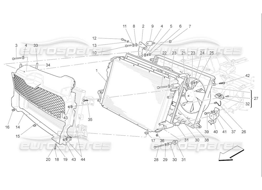 maserati qtp. (2010) 4.7 auto refroidissement : diagramme de pièces des radiateurs et des conduits d'air