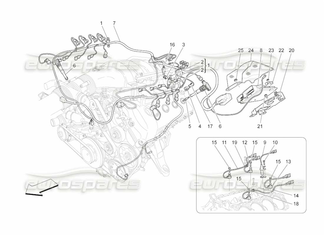 maserati grancabrio (2011) 4.7 commande électronique : diagramme des pièces de commande d'injection et de synchronisation du moteur