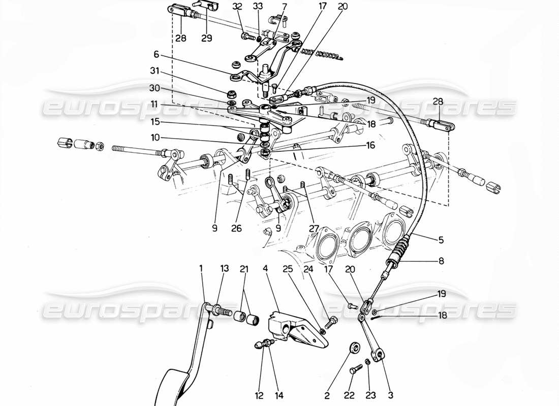 ferrari 365 gtc4 (mechanical) schéma des pièces de l'accélérateur et du câble (rhd)